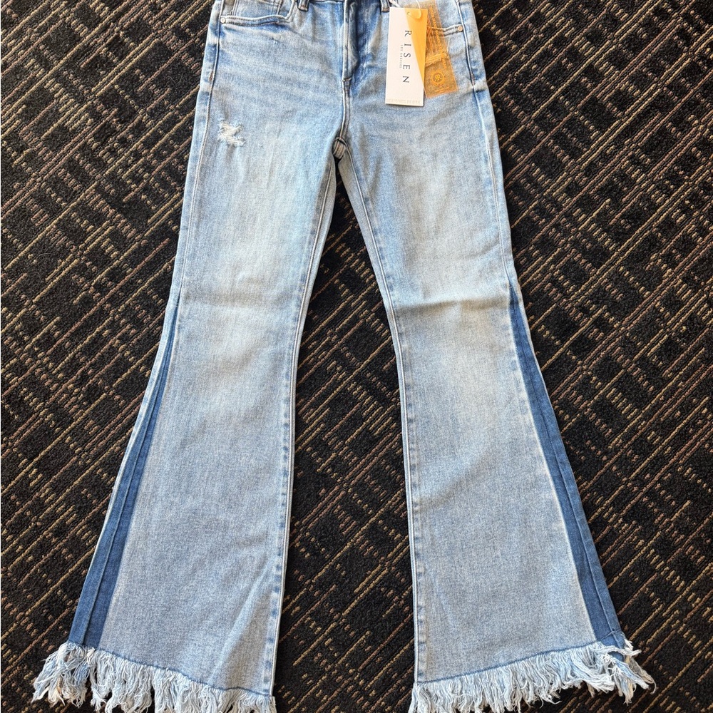 Frayed Hem Flare Jeans - Light Blue